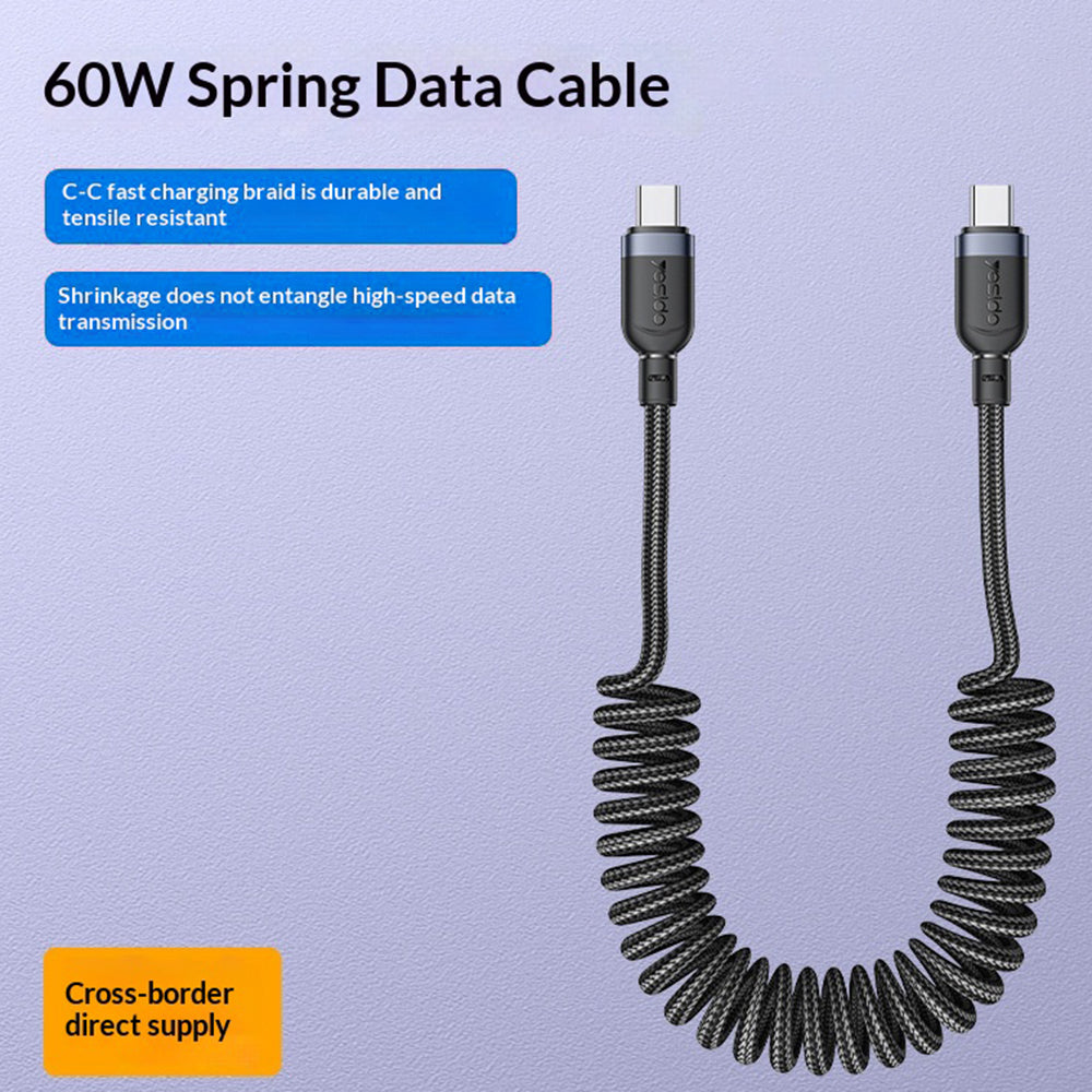 YESIDO CA205 PD 60W Fast Charging Spring Cable Type-C to Type-C Data Cable for CarPlay/HiCar/CarLife