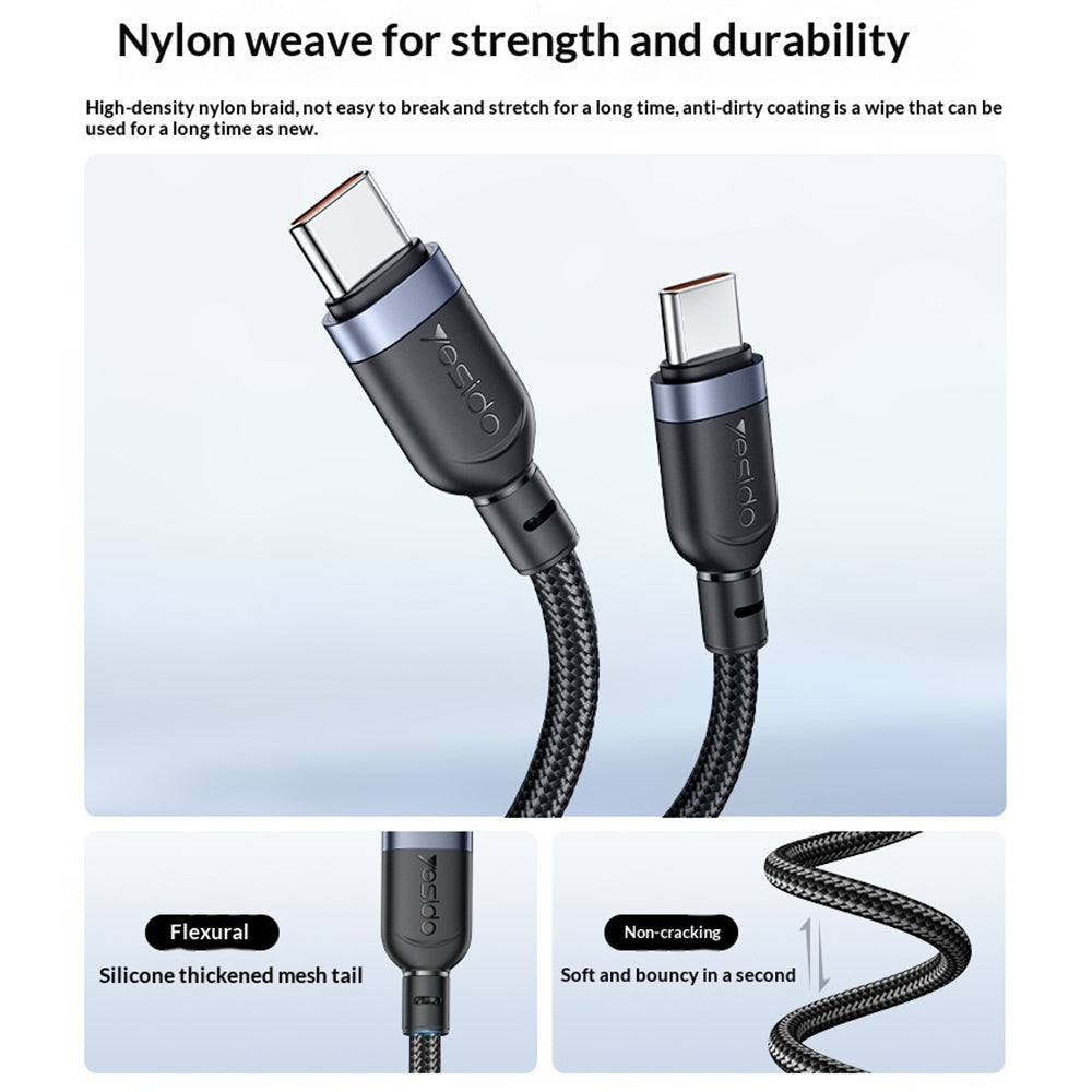 YESIDO CA205 PD 60W Fast Charging Spring Cable Type-C to Type-C Data Cable for CarPlay/HiCar/CarLife