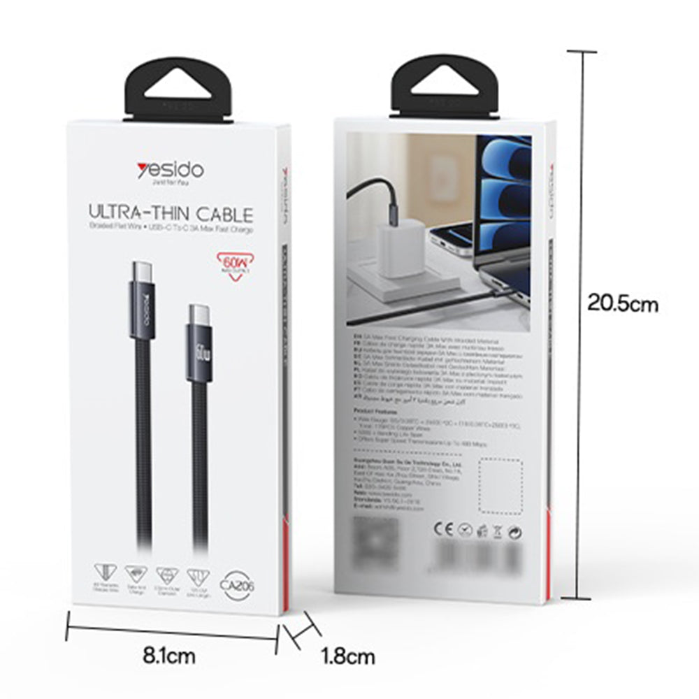 YESIDO CA206 1.2m USB-C to USB-C Cable PD 60W Fast Charging Braided Flat Data Cable