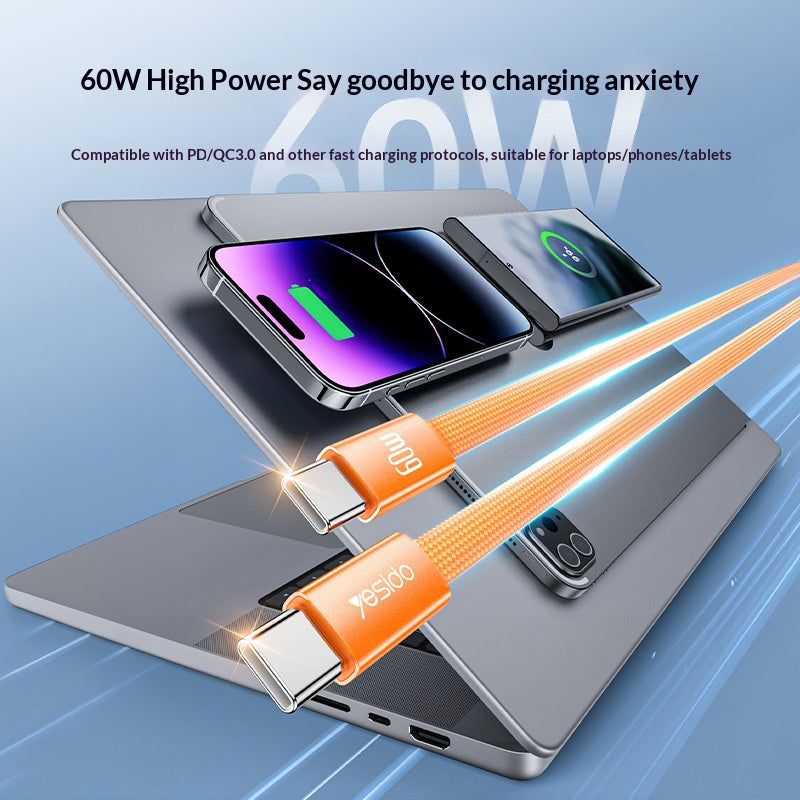 YESIDO CA206 1.2m USB-C to USB-C Cable PD 60W Fast Charging Braided Flat Data Cable