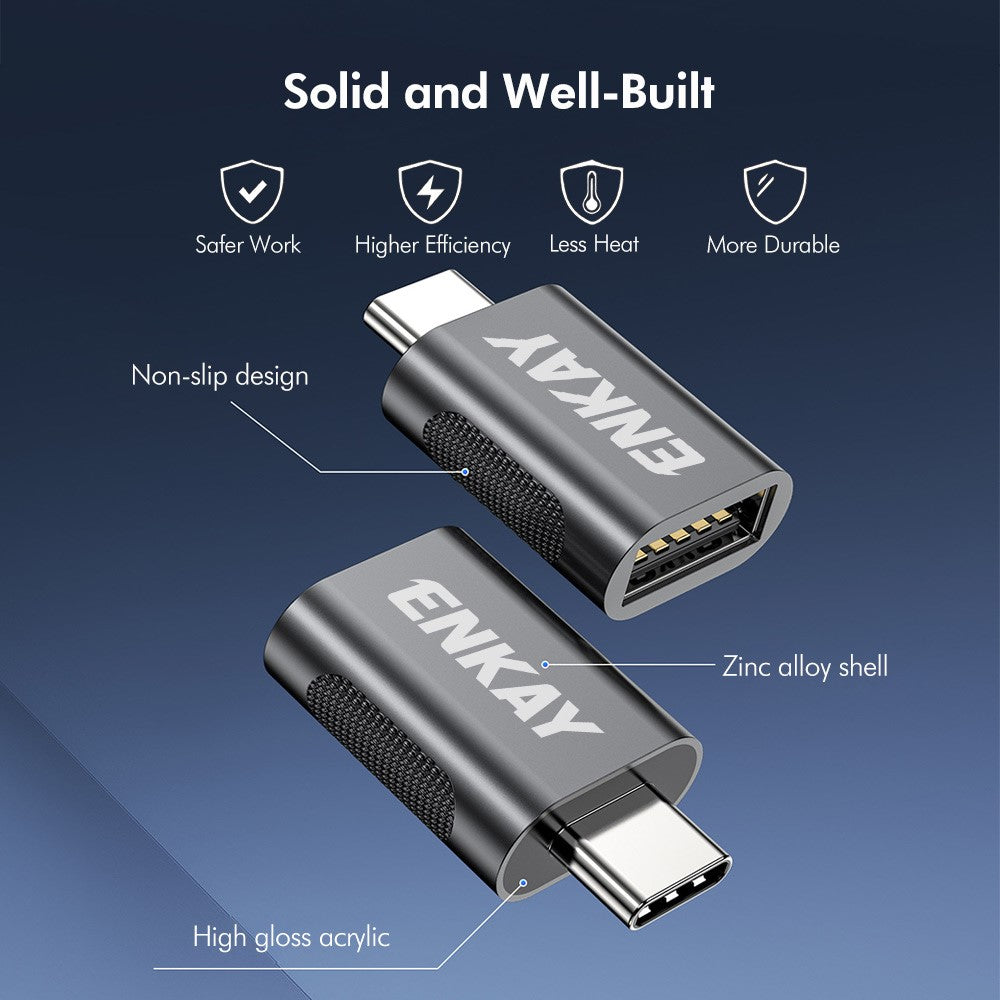 ENKAY ENK-AT131 2 st USB-C hane till USB-A 3.2 hona adapter 10 Gbps 60W snabbladdningskonverterare i zinklegering OTG