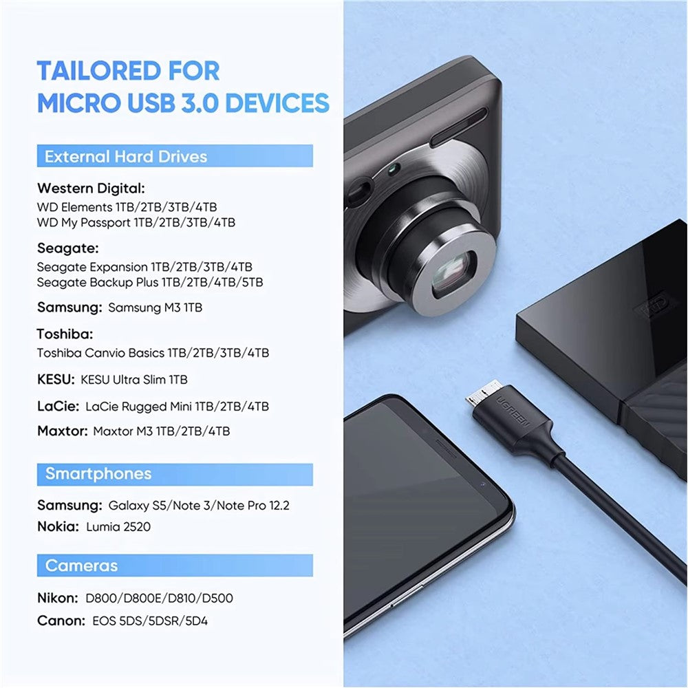 UGREEN 90995 25cm Type-C to Micro-B USB 3.0 Cable 3A Fast Charging 5Gbps Data Transfer Wire for External Hard Drive