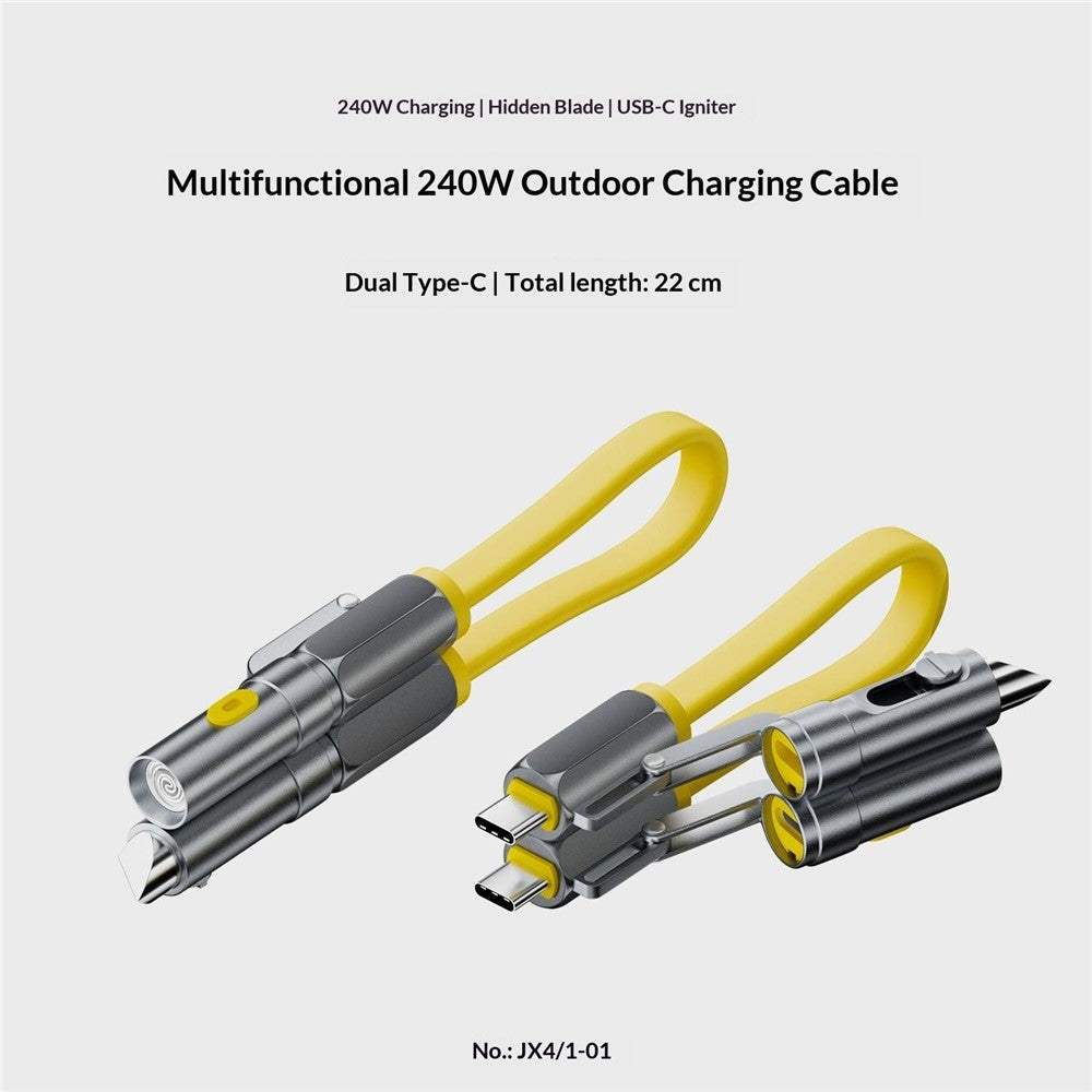 JX4 / 1-01 22cm 240W USB-C Cable with Hidden Blade Lighter Portable 4-in-1 Multifunctional Charging Data Cable for Outdoor Emergency