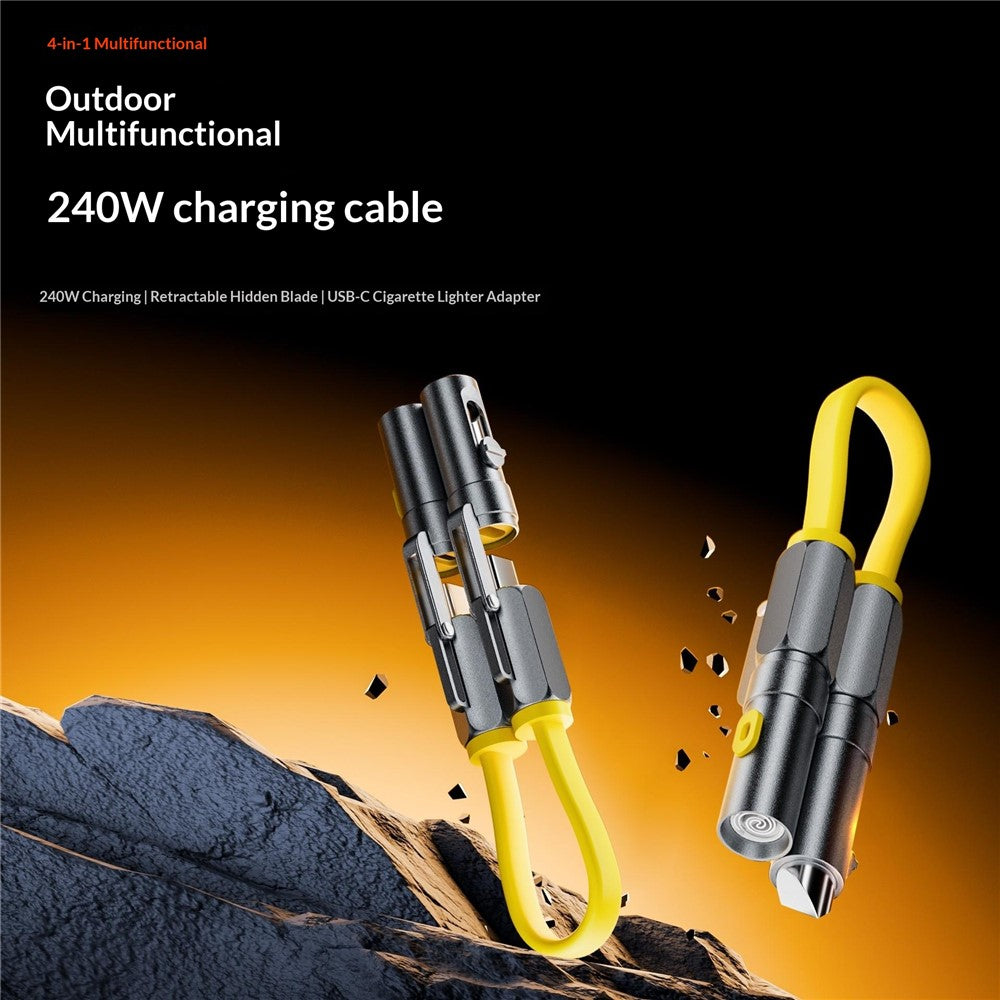 JX4 / 1-01 22cm 240W USB-C Cable with Hidden Blade Lighter Portable 4-in-1 Multifunctional Charging Data Cable for Outdoor Emergency