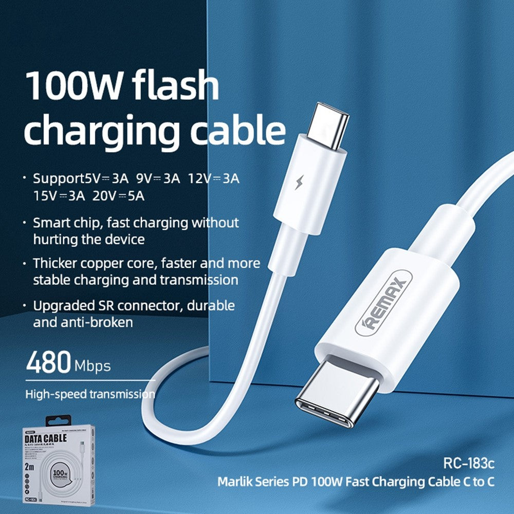 REMAX RC-183C 2m USB-C til USB-C kabel PD 100W hurtigopladende datakabel til Huawei / Xiaomi / Samsung