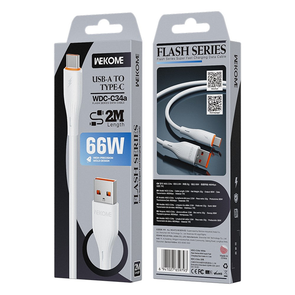 WEKOME WDC-C34a 2m USB-A to Type-C Cable 66W Fast Charging Data Cable for Phone Tablet