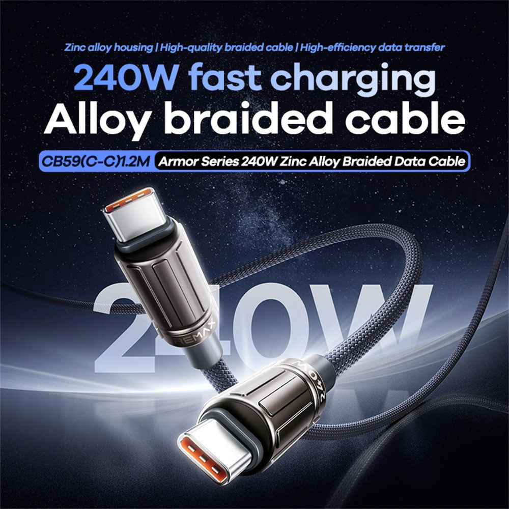 REMAX CB59 Armor 1.2m 240W Zinc Alloy Braided USB-C to USB-C Cable for MacBook Laptop Tablet