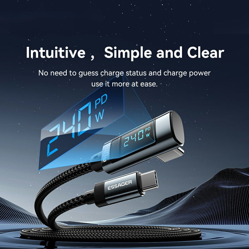 ESSAGER 1m 240W Fast Charging Digital Display 90-Degree USB-C to USB-C Data Cable