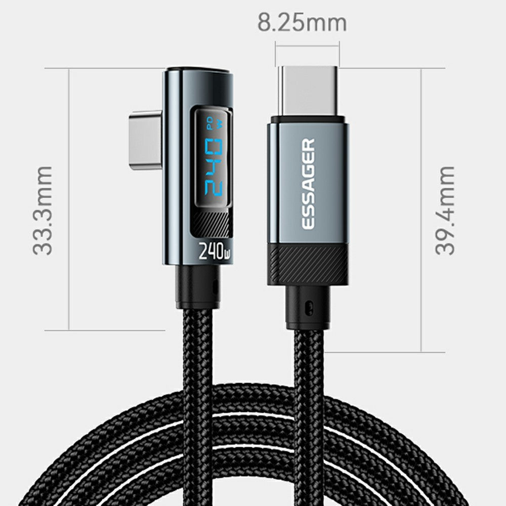 ESSAGER 2 m 240 W Hurtigopladning Digital Skærm Vinklet Type-C til Type-C Datakabel