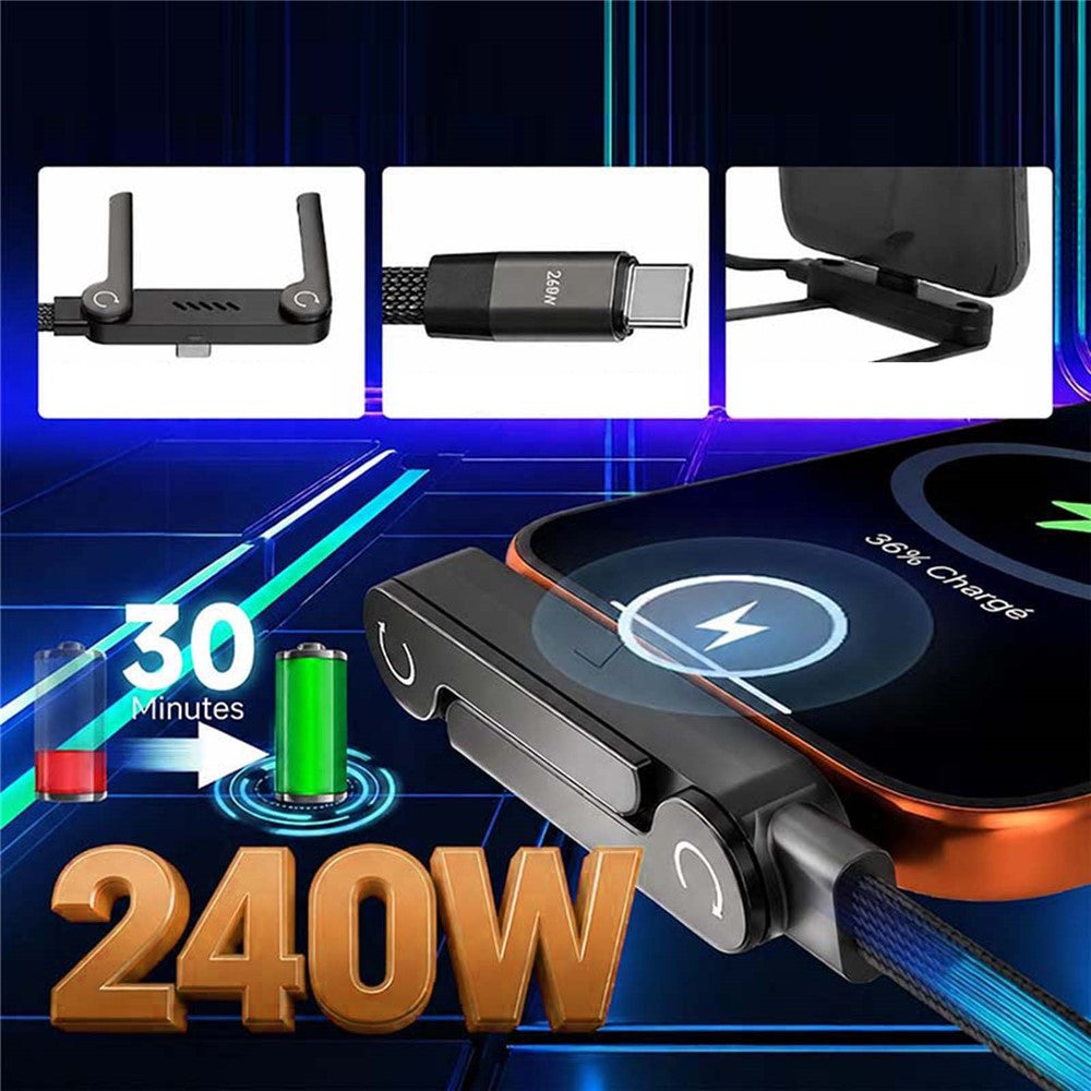 D-POWER 9204 1,5 m PD 240W hurtigopladende USB-C til USB-C datakabel med foldebeslag til smartphone-tablet