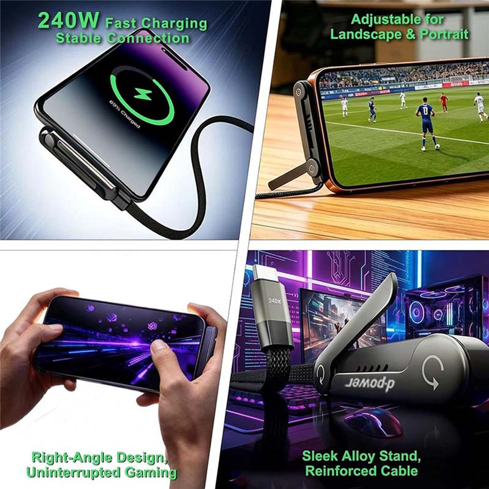 D-POWER 9204 1,5 m PD 240W hurtigopladende USB-C til USB-C datakabel med foldebeslag til smartphone-tablet