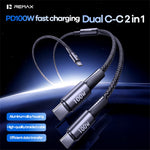 REMAX CB25 1.2m Dual USB-C Braided Data Cable 100W PD Fast Charging Aluminum Alloy Cord