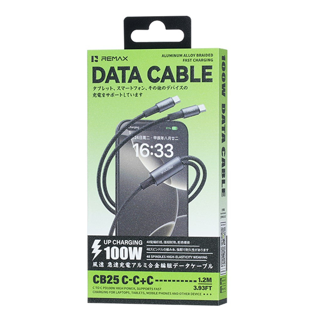 REMAX CB25 1.2m Dual USB-C Braided Data Cable 100W PD Fast Charging Aluminum Alloy Cord