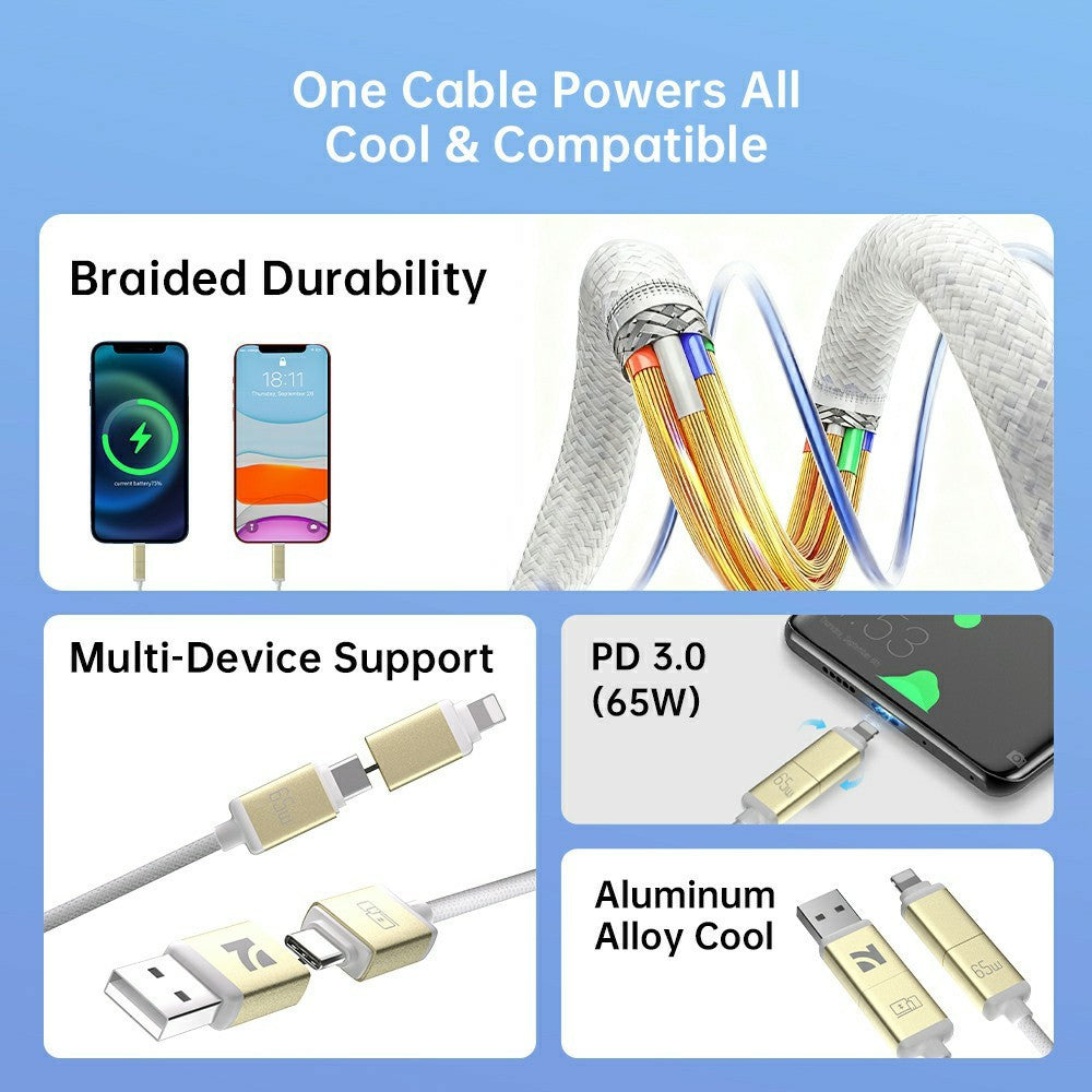 NCC 2m 4 in 1 Universal Charging Cable Braided Aluminum Alloy 65W PD Fast Charge Data Transfer Cord for iPhone iPad Android
