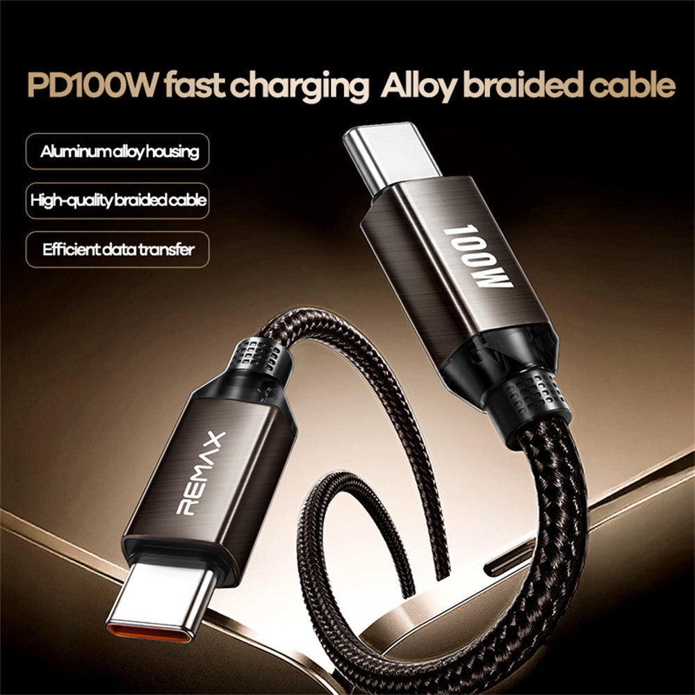 REMAX CB36 2m USB-C til USB-C Kabel PD 100W Hurtig Opladning Flettet Datakabel i Aluminiumslegering