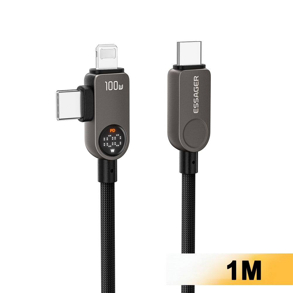 ESSAGER ES-X88 1m 2-i-1 100W USB-C til USB-C + Lightning datakabel med strømvisning i realtid 480Mbps