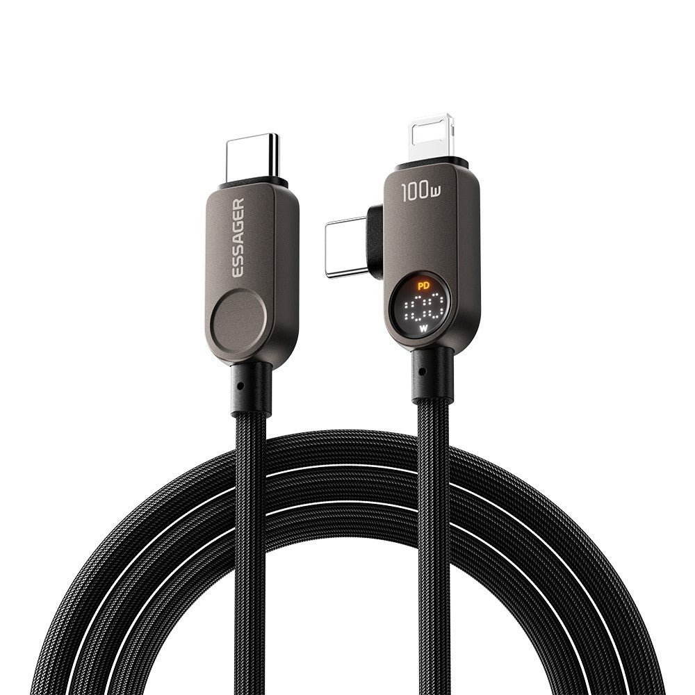 ESSAGER ES-X88 1m 2-i-1 100W USB-C til USB-C + Lightning datakabel med strømvisning i realtid 480Mbps