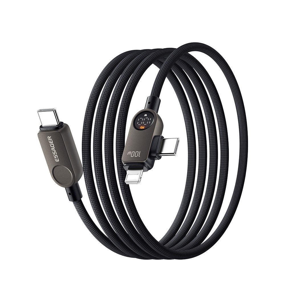 ESSAGER ES-X88 1m 2-i-1 100W USB-C til USB-C + Lightning datakabel med strømvisning i realtid 480Mbps