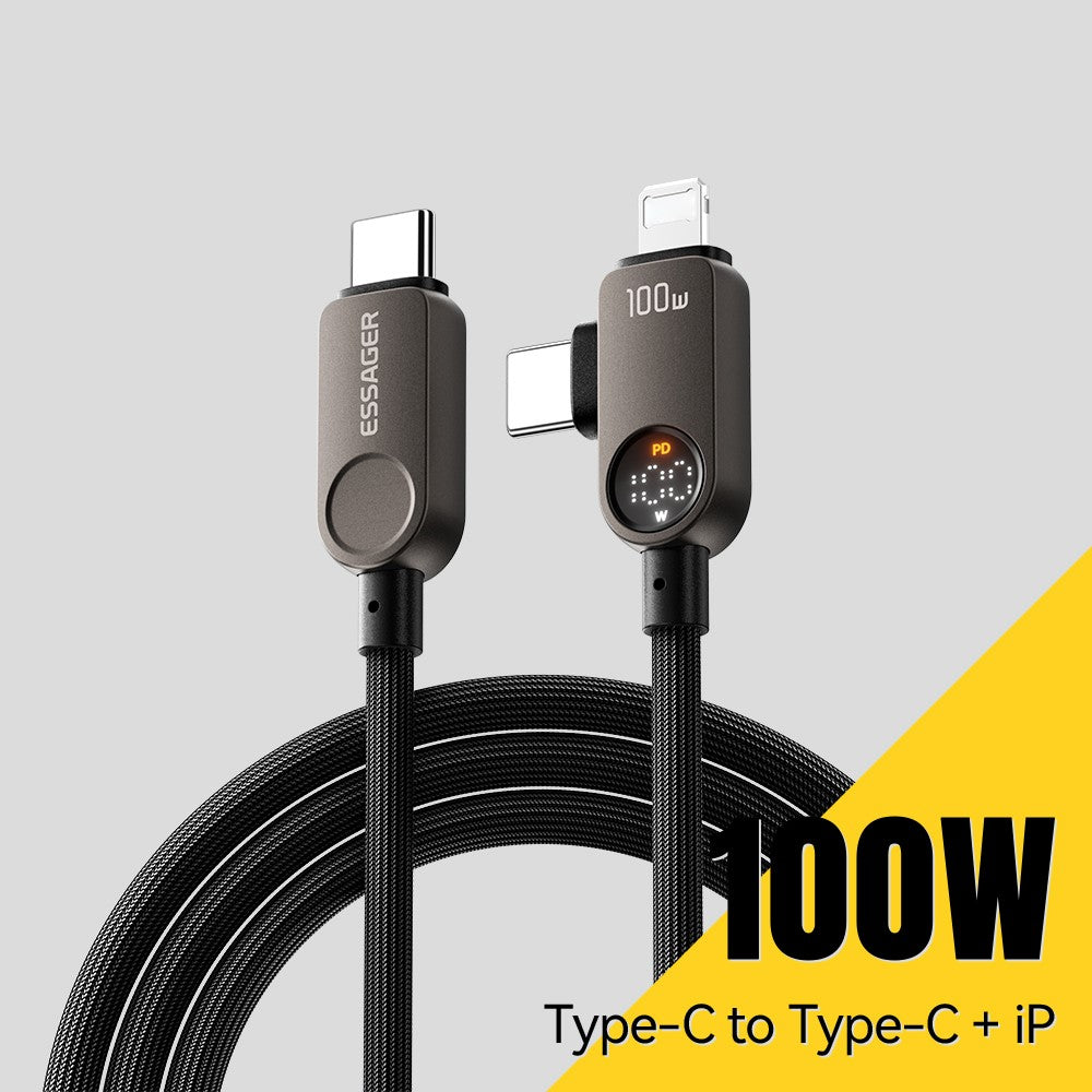 ESSAGER ES-X88 1m 2-i-1 100W USB-C til USB-C + Lightning datakabel med strømvisning i realtid 480Mbps