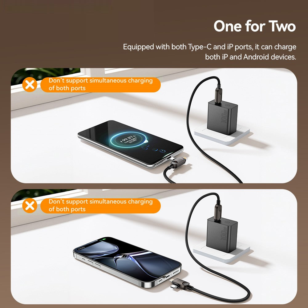 ESSAGER ES-X88 1m 2-i-1 100W USB-C til USB-C + Lightning datakabel med strømvisning i realtid 480Mbps