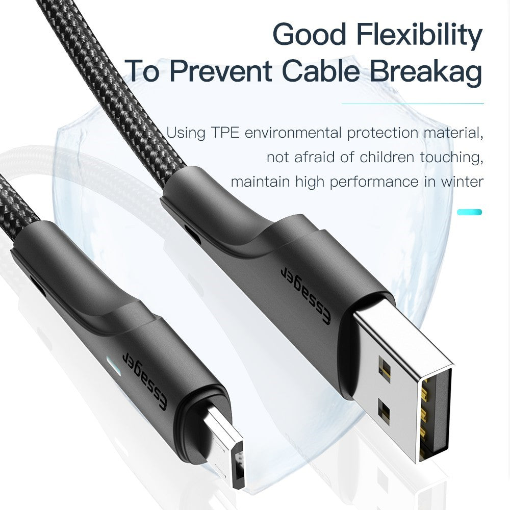 ESSAGER 2m Telefonopladerkabel USB til Micro USB 2.4A Hurtigopladning 480Mbps Overførselsledning med LED-lysdesign