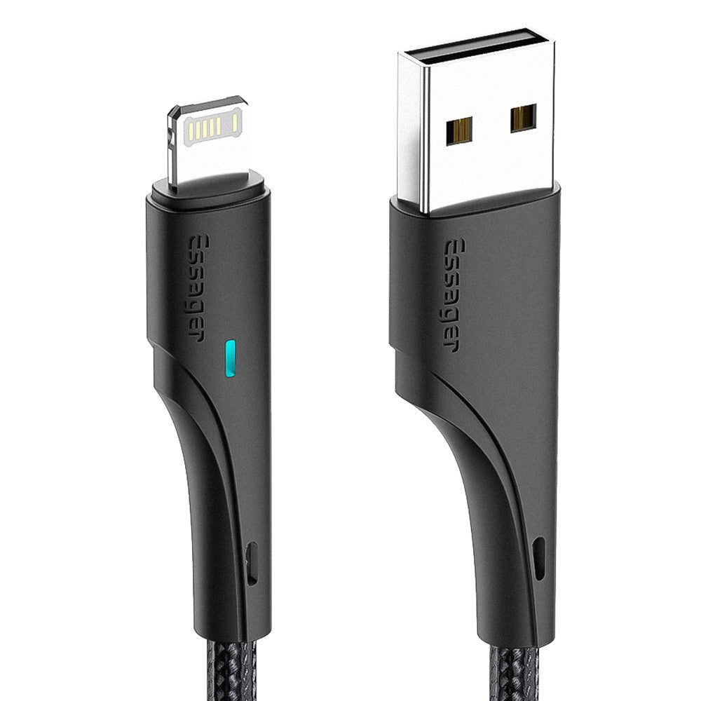 ESSAGER 1m mobiltelefonkabel USB til iP 2.4A hurtigopladningskabel 480Mbps overførsel flettet design LED-lysdesignkabel til Lightning-enheder