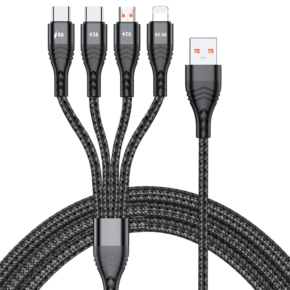 For iPhone 15 Series 2m 4-in-1 66W 6A 4-Output Fast Charging Charging Cable USB to 8Pin+Micro USB+Dual Type-C Braided Cable Adapter