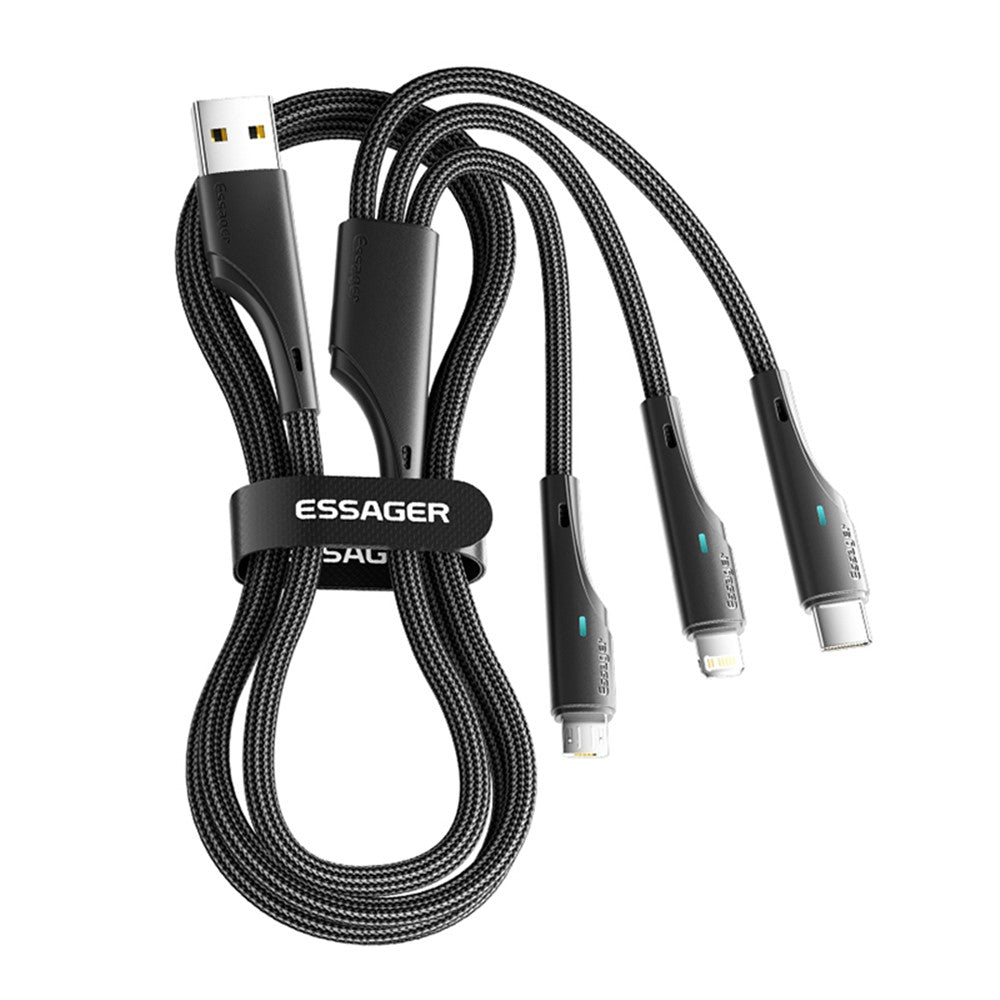 ESSAGER 1.2m 3-in-1 Charging Cable 3A USB to Ip, Micro USB, Type-C, for iPhone, iPad Data Cable