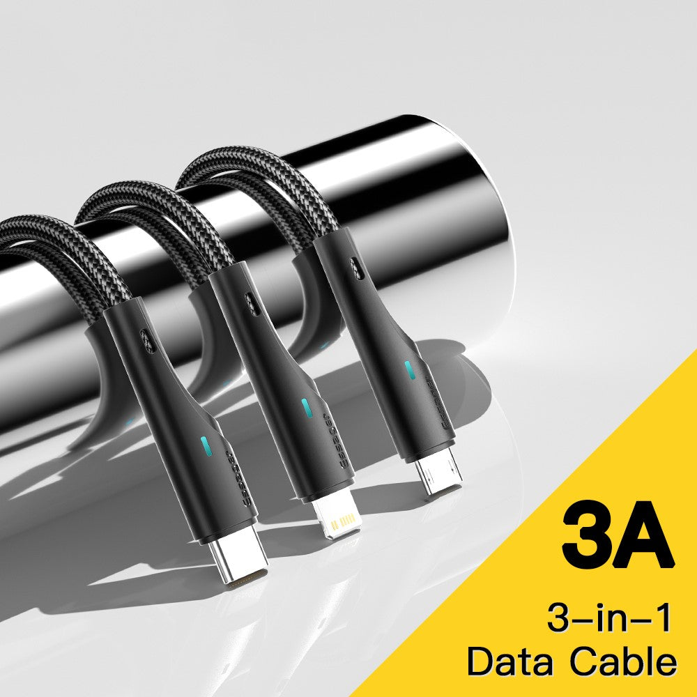 ESSAGER 1.2m 3-in-1 Charging Cable 3A USB to Ip, Micro USB, Type-C, for iPhone, iPad Data Cable