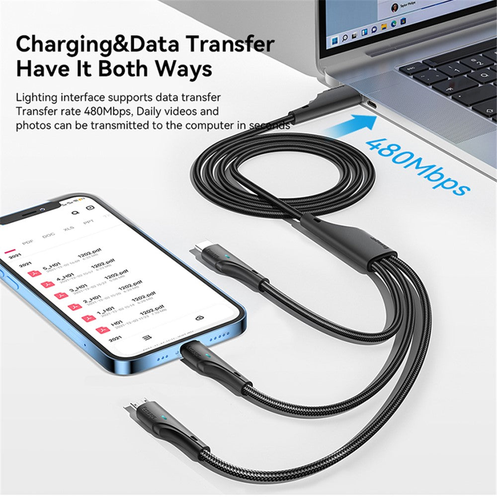 ESSAGER 1.2m 3-in-1 Charging Cable 3A USB to Ip, Micro USB, Type-C, for iPhone, iPad Data Cable