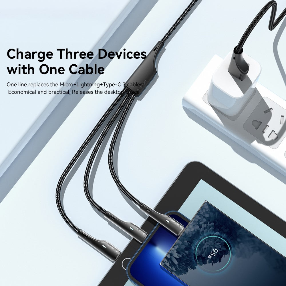 ESSAGER 1.2m 3-in-1 Charging Cable 3A USB to Ip, Micro USB, Type-C, for iPhone, iPad Data Cable