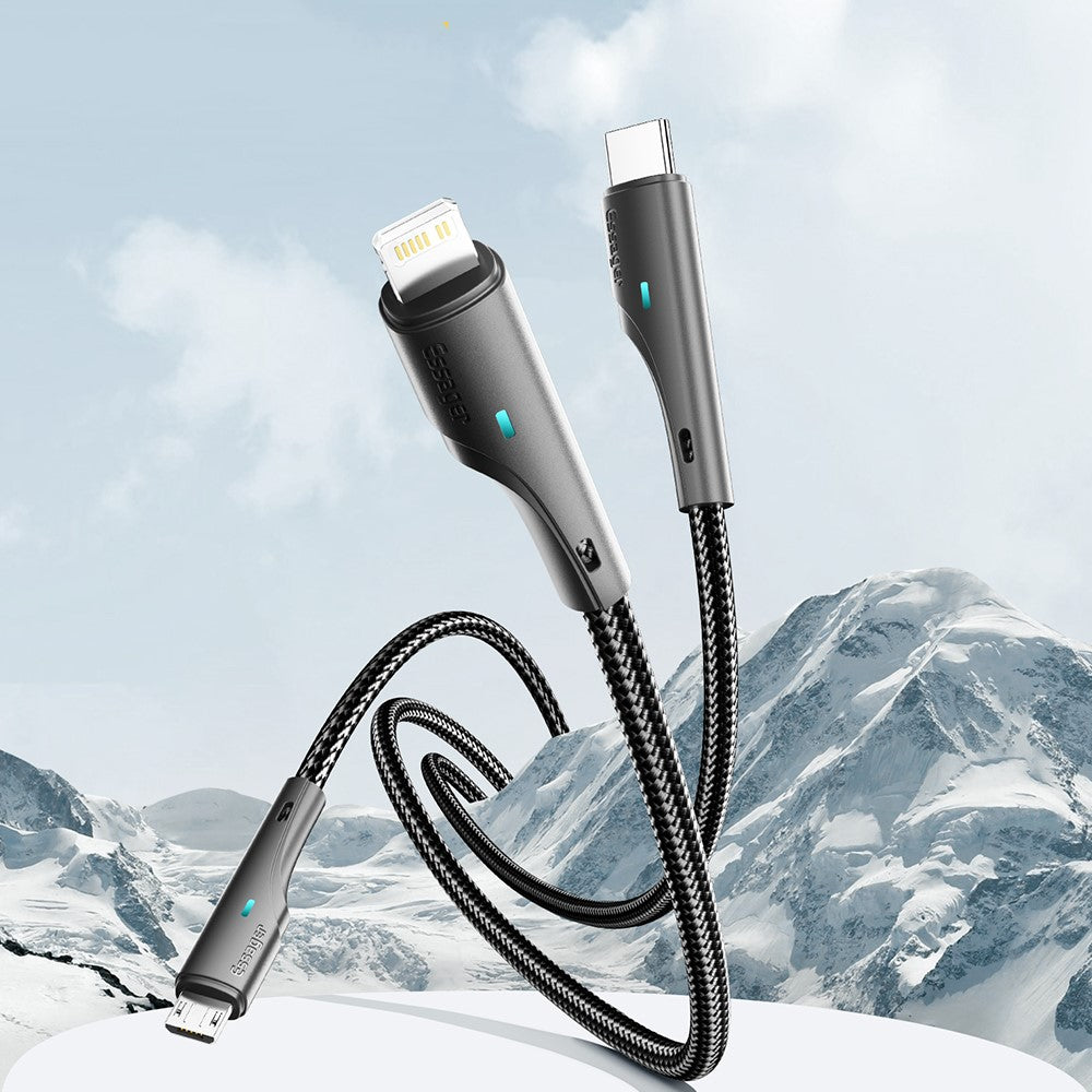 ESSAGER 1.2m 3-in-1 Charging Cable 3A USB to Ip, Micro USB, Type-C, for iPhone, iPad Data Cable