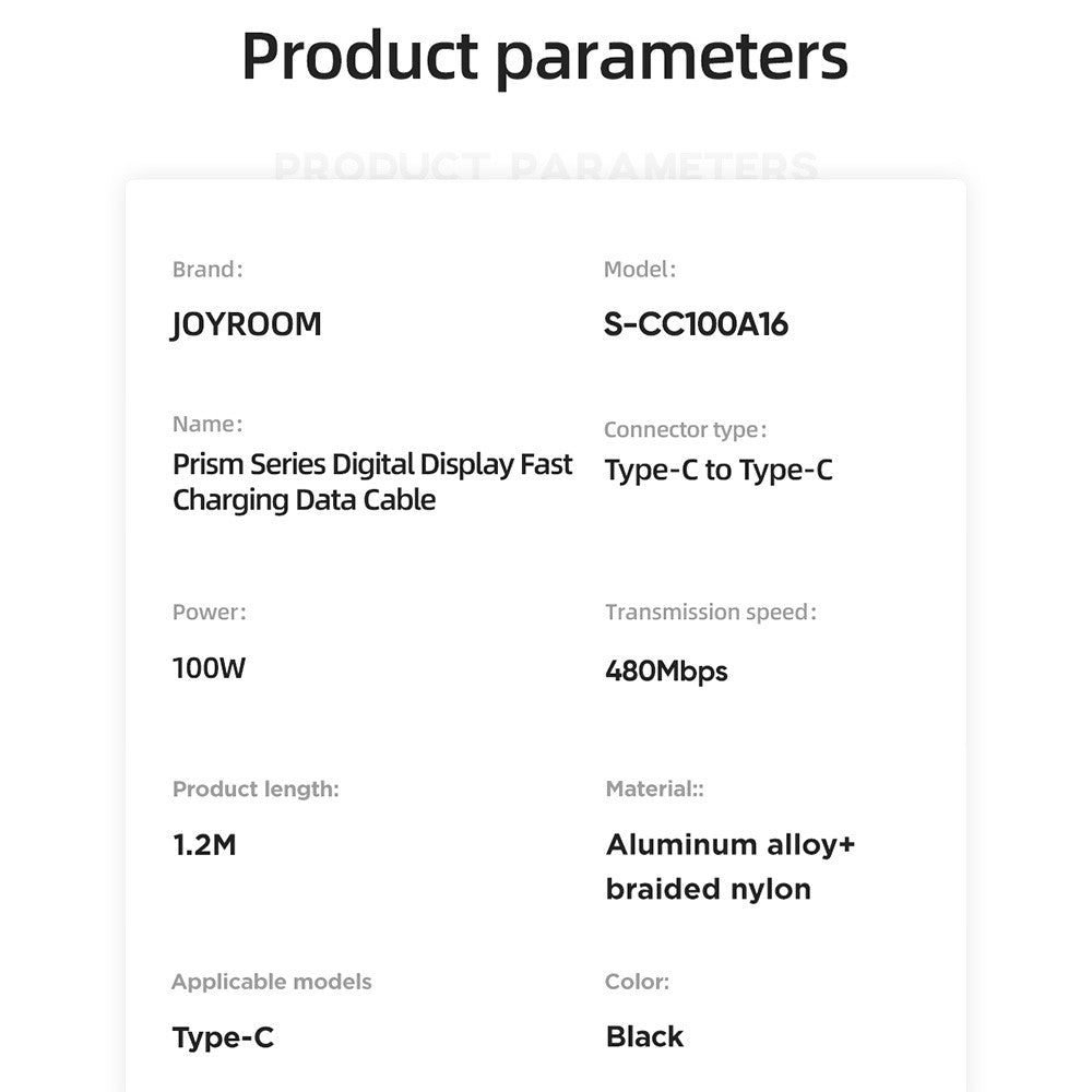 JOYROOM S-CC100A16 1.2m Prism Series for iPhone 16-15 Series Type-C to Type-C Digital Display Fast Charging Data Cable