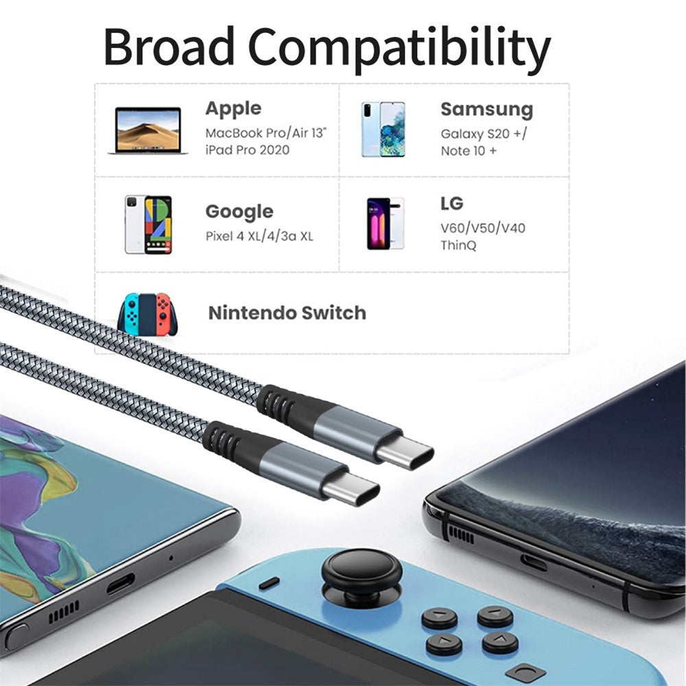 For iPhone 15 Series 3m Type-C to Type-C PD 60W Charging Cable Nylon Braided USB2.0 Data Cable for Cell Phones, Tablets, Laptops