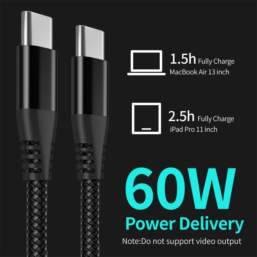 For iPhone 15 Series 3m Type-C to Type-C PD 60W Charging Cable Nylon Braided USB2.0 Data Cable for Cell Phones, Tablets, Laptops