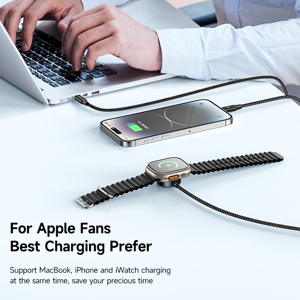 MCDODO CA-4940 Beta Series for iPhone 15 Series 1.2m USB-C to Type-C + iP + Wireless Charger for Apple Watch 3 in 1 Charging Cable, Black