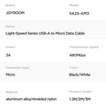 JOYROOM SA25-AM3 1.2m Light-Speed Series 3A USB-A to Micro Fast Charging Data Cable Nylon Braided Cord