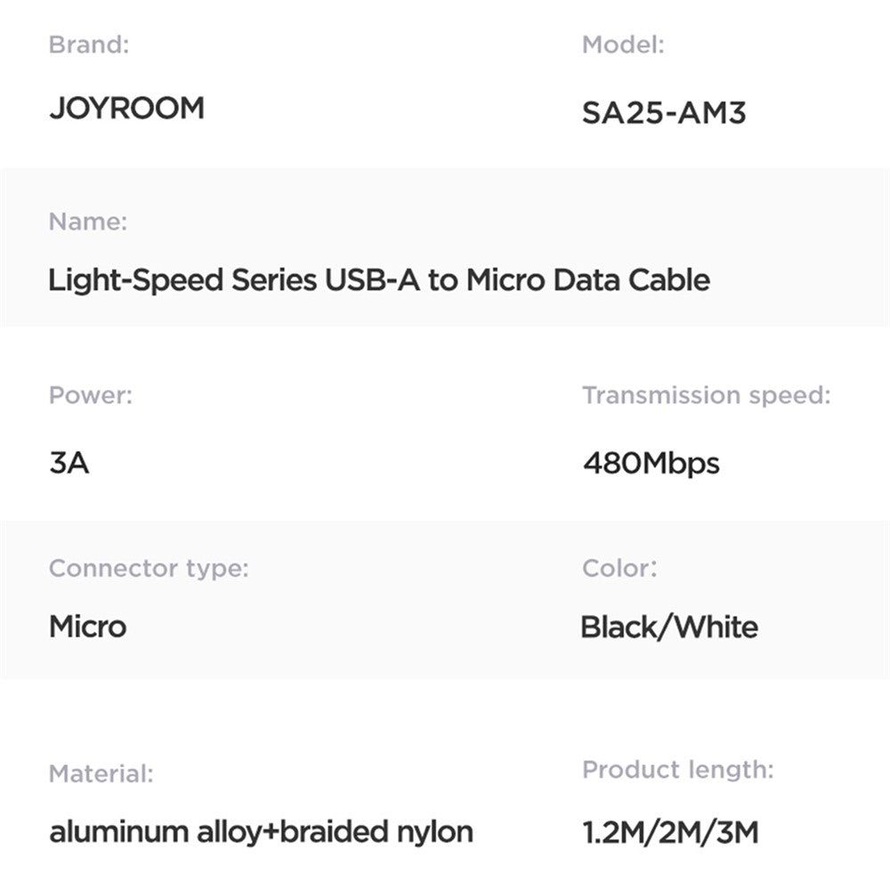JOYROOM SA25-AM3 1.2m Light-Speed Series 3A USB-A to Micro Fast Charging Data Cable Nylon Braided Cord