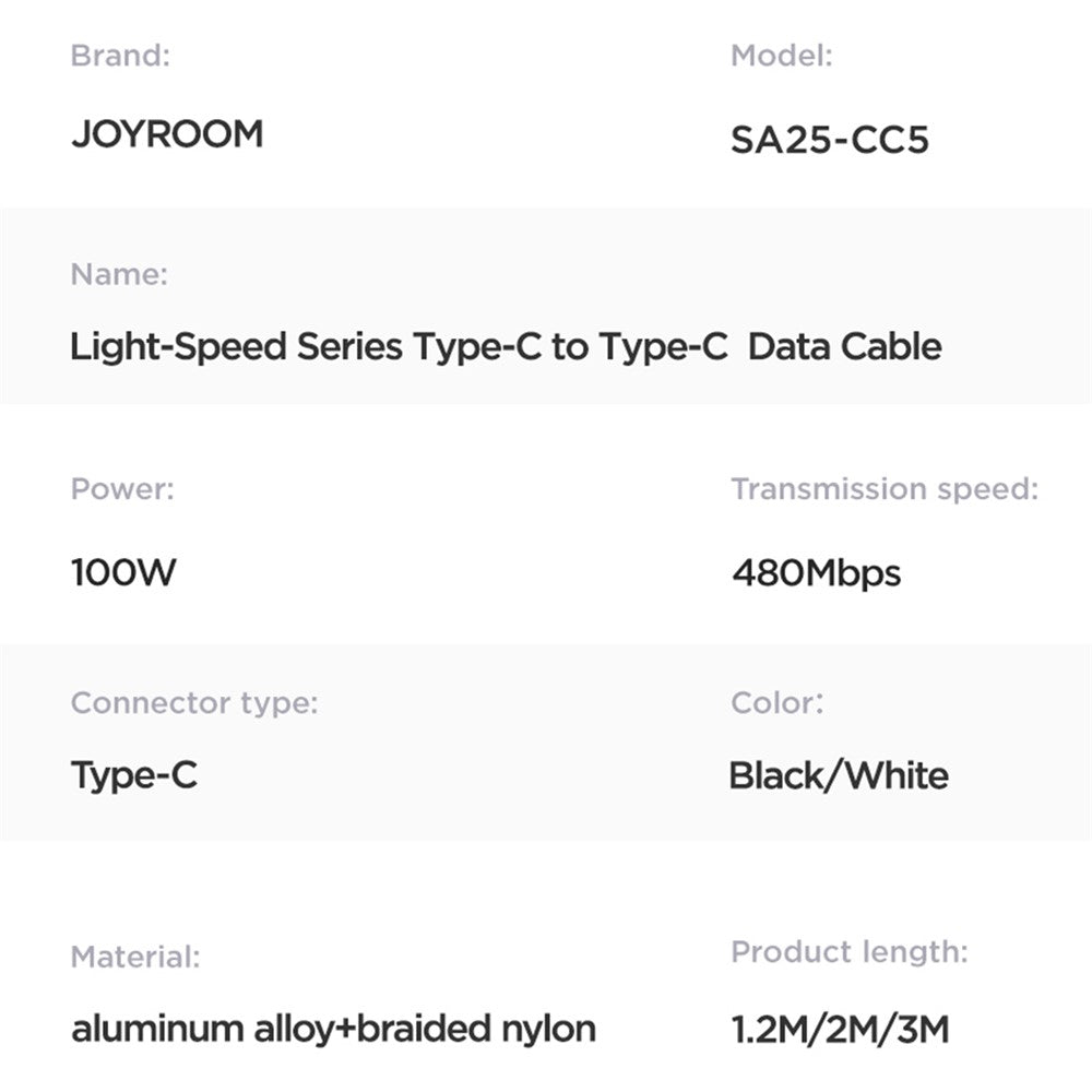 JOYROOM SA25-CC5 1,2 m Light-Speed-serie til iPhone 16-15-serien PD 100W hurtigopladende USB-C til USB-C datakabel