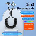For iPhone 15 Series 1.5m Elbow USB-A to 8 Pin+Micro USB+Type-C 3-in-1 Stretchable Spring Data Cable