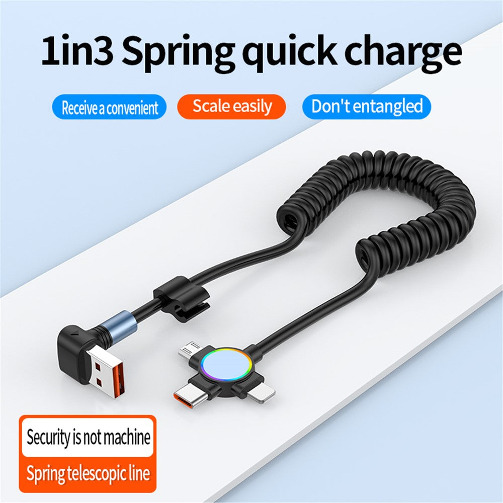 For iPhone 15 Series 1.5m Elbow USB-A to 8 Pin+Micro USB+Type-C 3-in-1 Stretchable Spring Data Cable