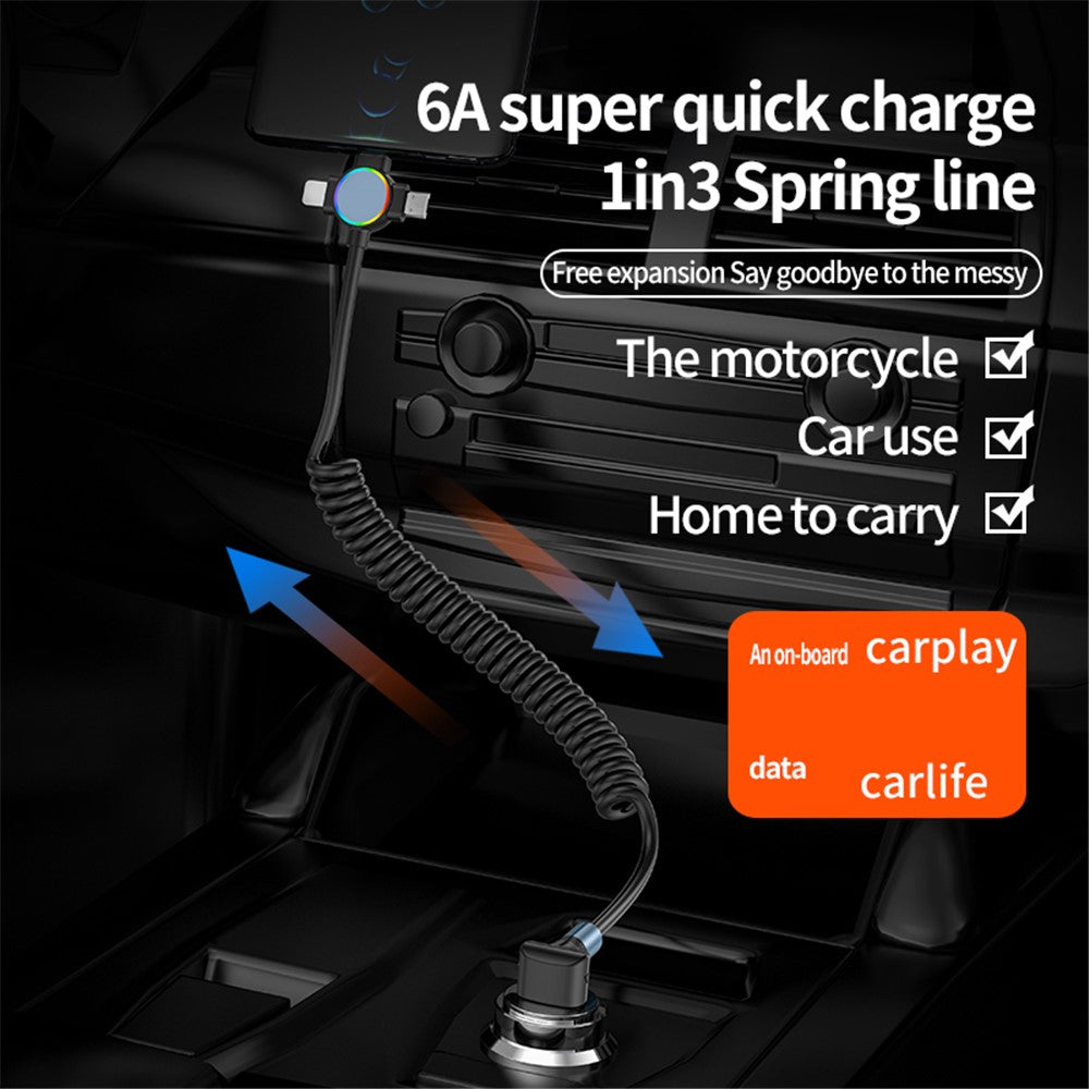 For iPhone 15 Series 1.5m Elbow USB-A to 8 Pin+Micro USB+Type-C 3-in-1 Stretchable Spring Data Cable