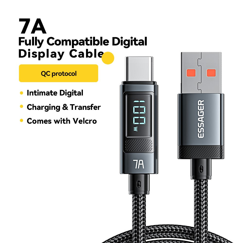 ESSAGER 2m Digital Display 7A Fast Charging Cable USB-A to Type-C 480Mbps Data Cable