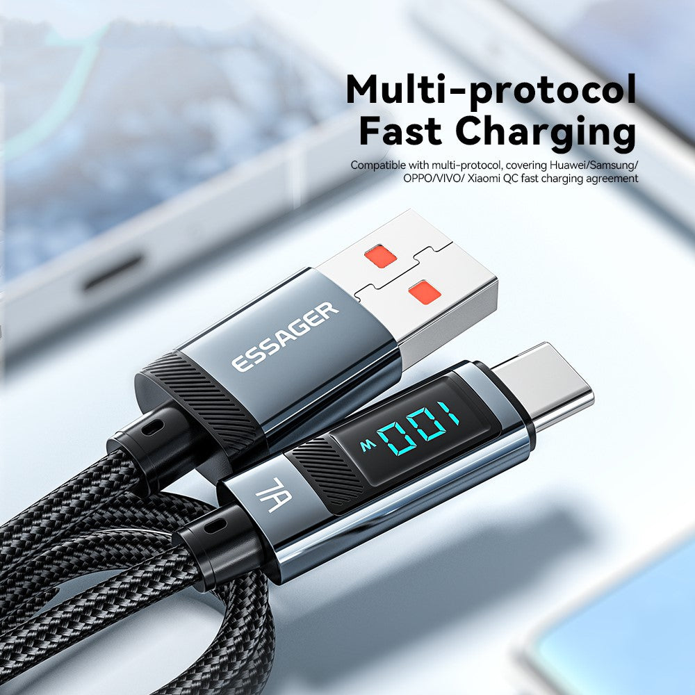 ESSAGER 2m Digital Display 7A Fast Charging Cable USB-A to Type-C 480Mbps Data Cable
