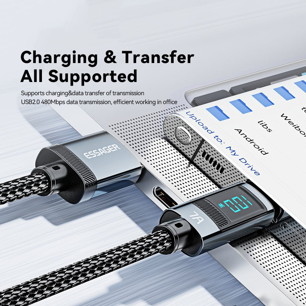 ESSAGER 2m Digital Display 7A Fast Charging Cable USB-A to Type-C 480Mbps Data Cable