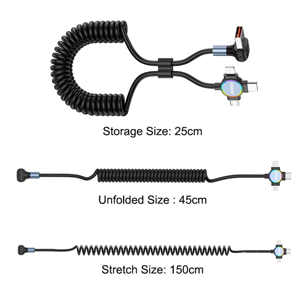 ENKAY 1.5m USB to Type-C / iP /  Micro USB TPU Spring Cable 66W Fast Charging Cable with Indicator Light