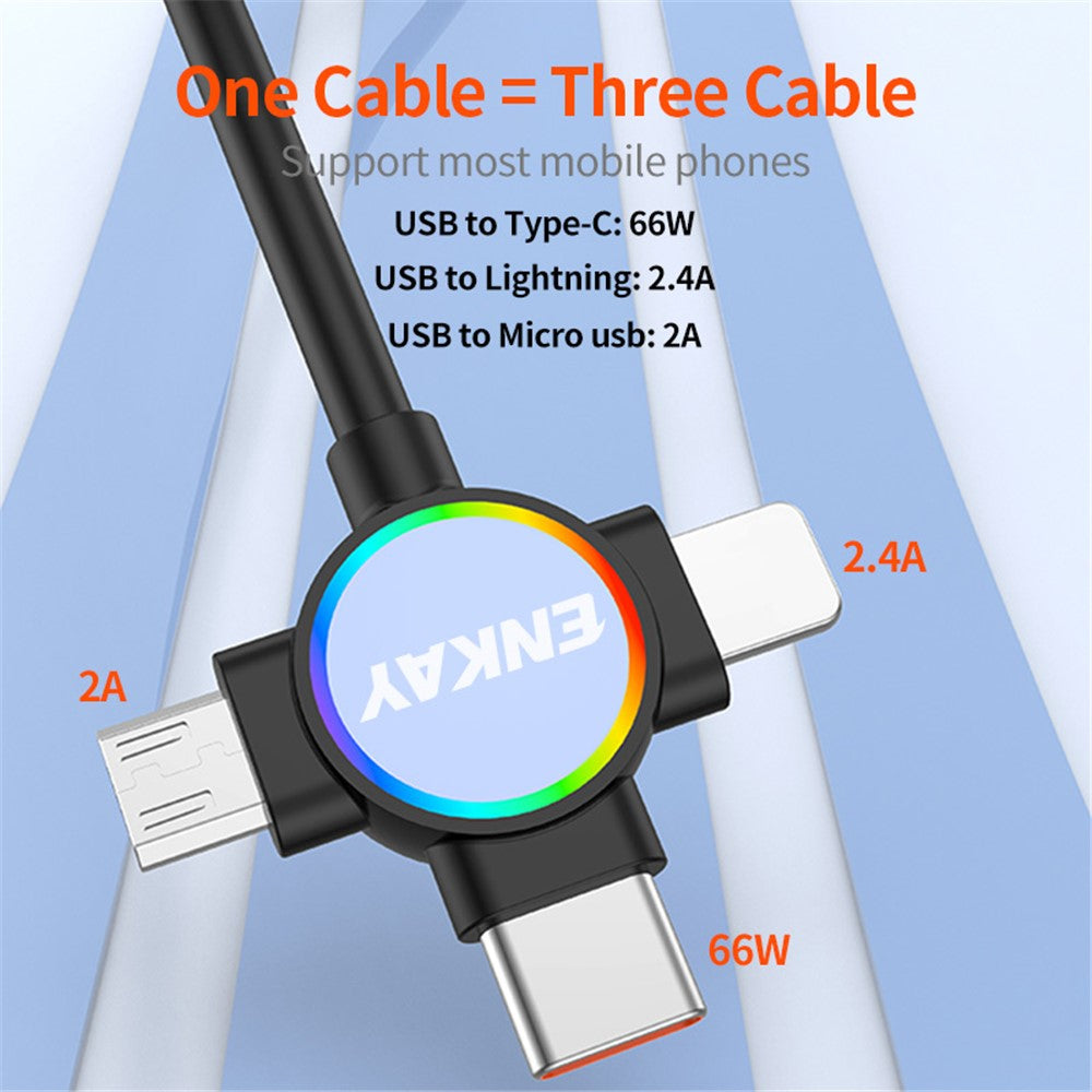 ENKAY 1.5m USB to Type-C / iP /  Micro USB TPU Spring Cable 66W Fast Charging Cable with Indicator Light