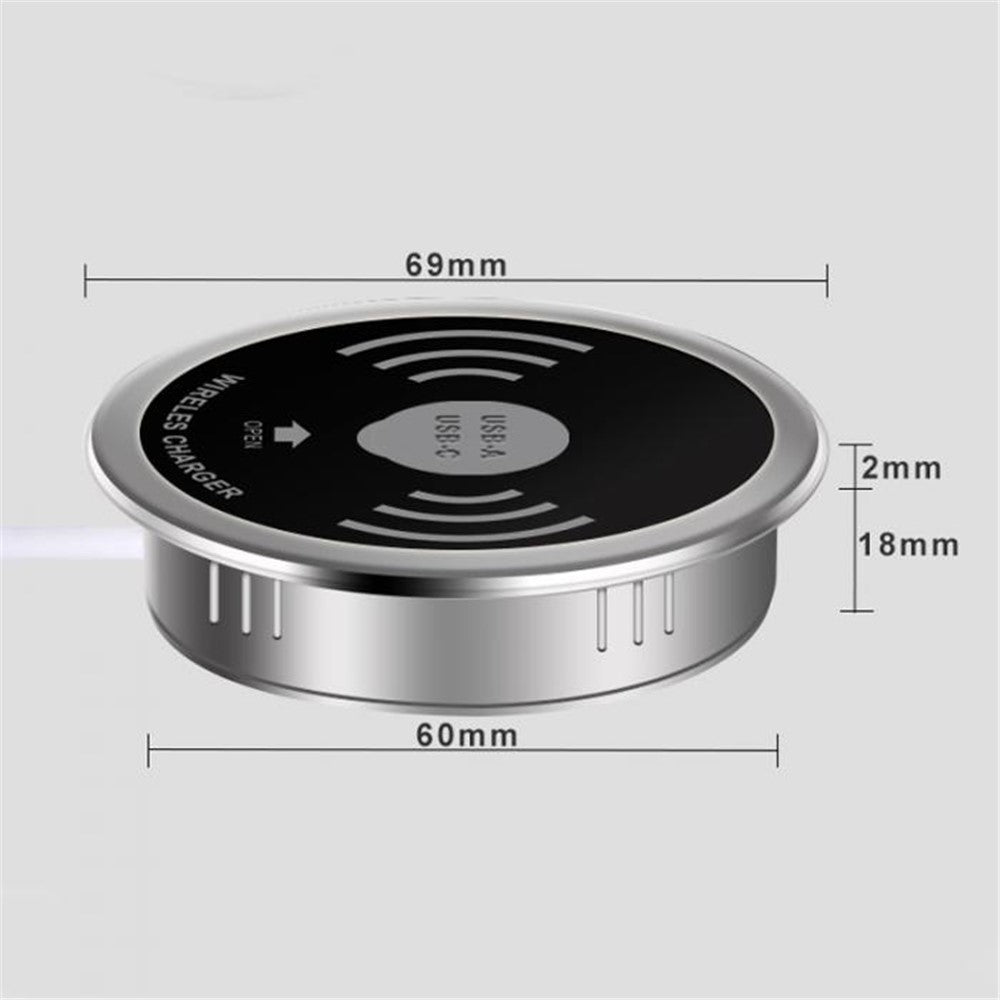Embedded Desktop Wireless Charger 15W with USB-A and USB-C Charging Port