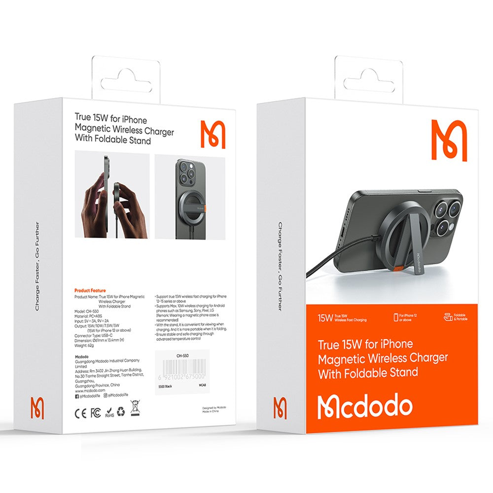 MCDODO CH-550 15W Magnetisk Trådløs Oplader til Telefon med Sammenklappeligt Stativ
