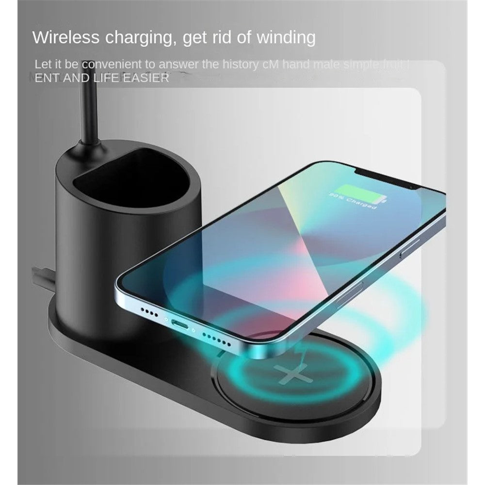 HT-513 3-in-1 15W Phone Wireless Charger Pen Holder Eye Protection LED Table Lamp